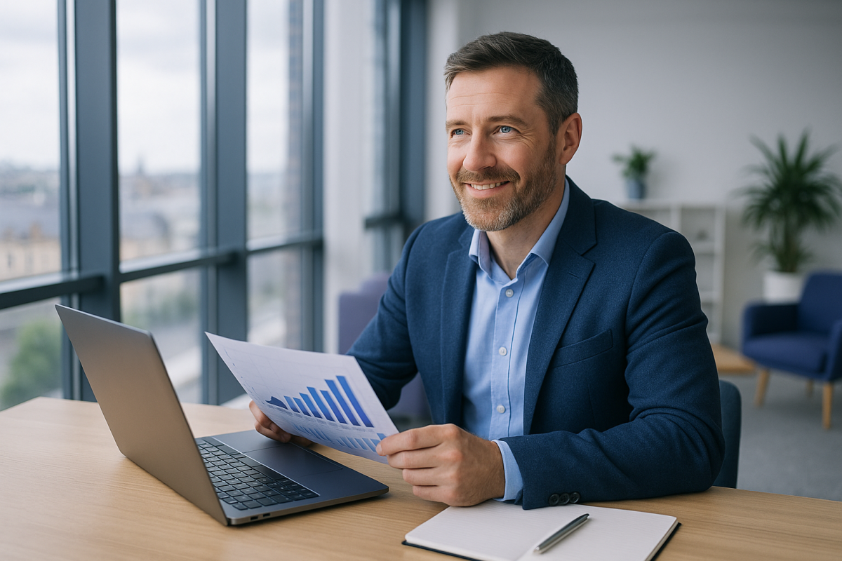 Consultant using AI automation dashboard in UK office